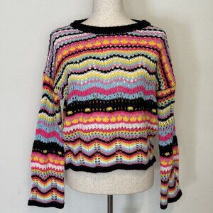 Womens Small Crocheted Multicolor Long Sleeve Sweater Pullover Top 60s 70s Color